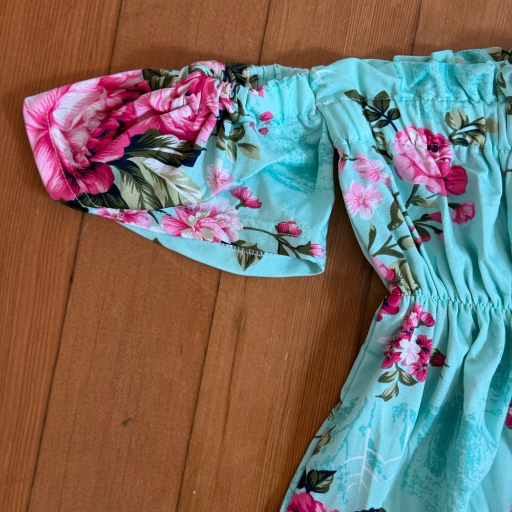 Kids Posh Peanuts Aqua and Pink Floral Off-Shoulder Dress - Picture 4 of 8